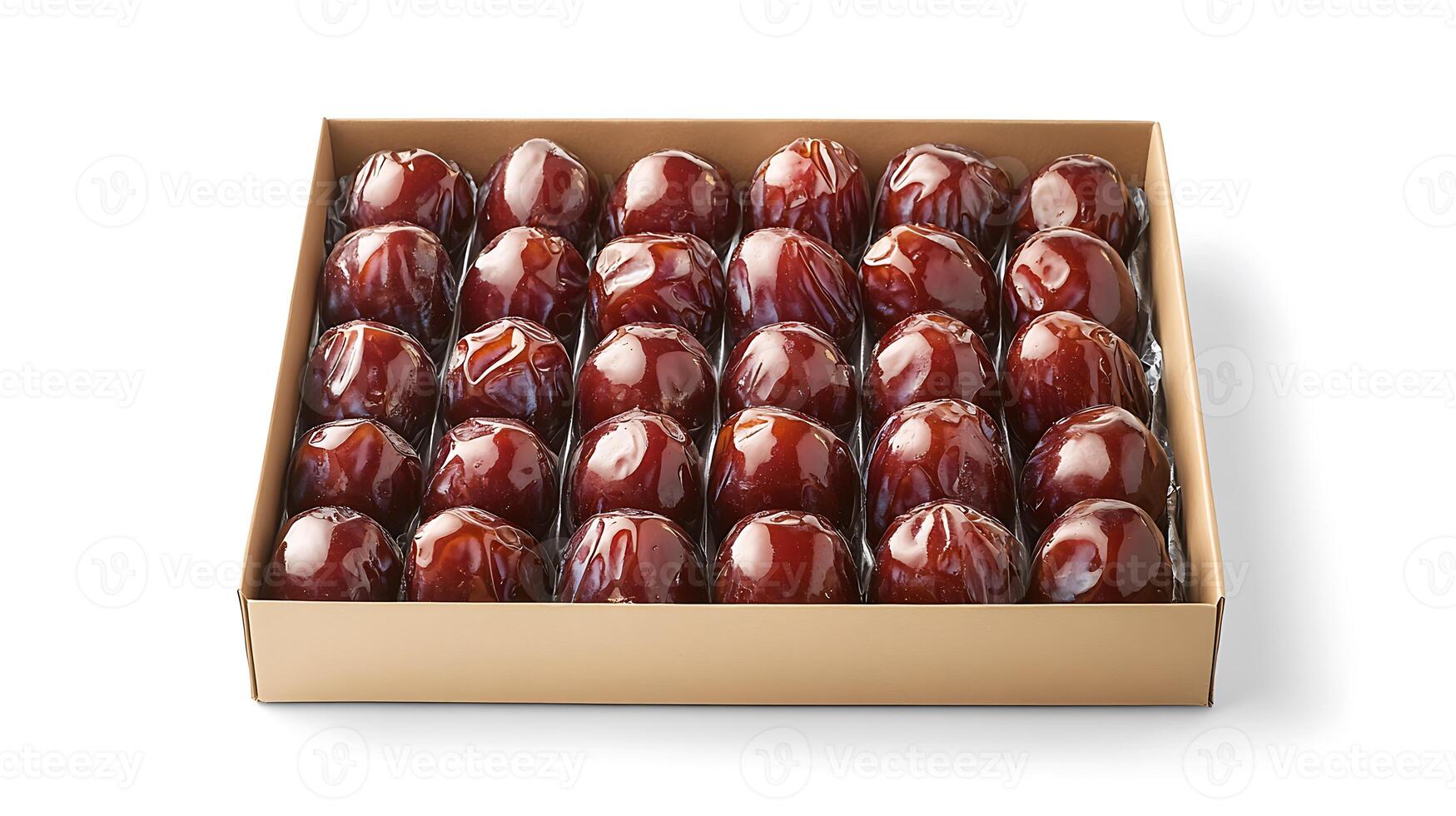 A box of dates sitting in a white background photo