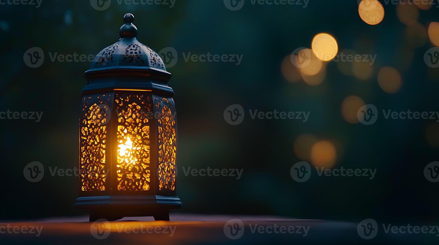 A lantern lit up on a table in the dark photo