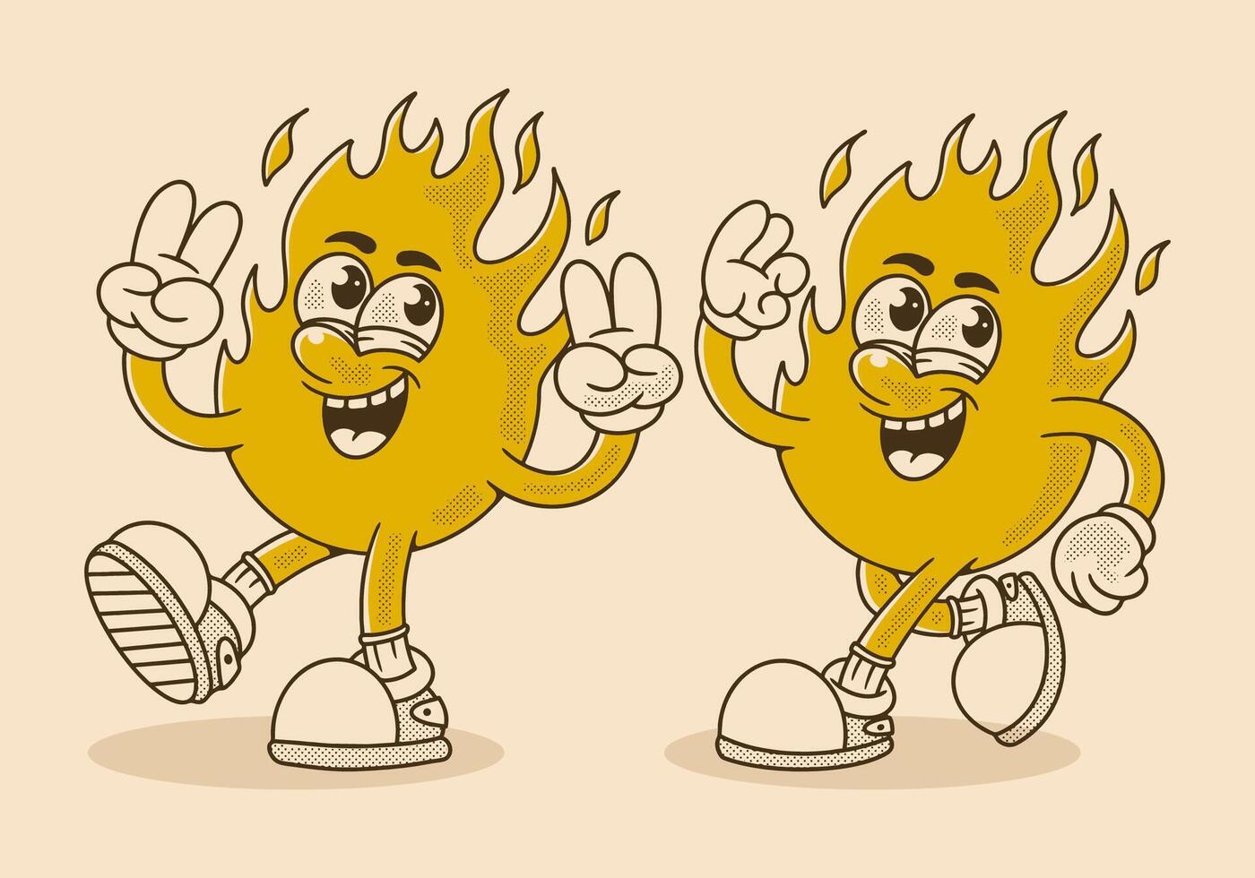 Two fire flame character with two different pose, in retro vintage style vector