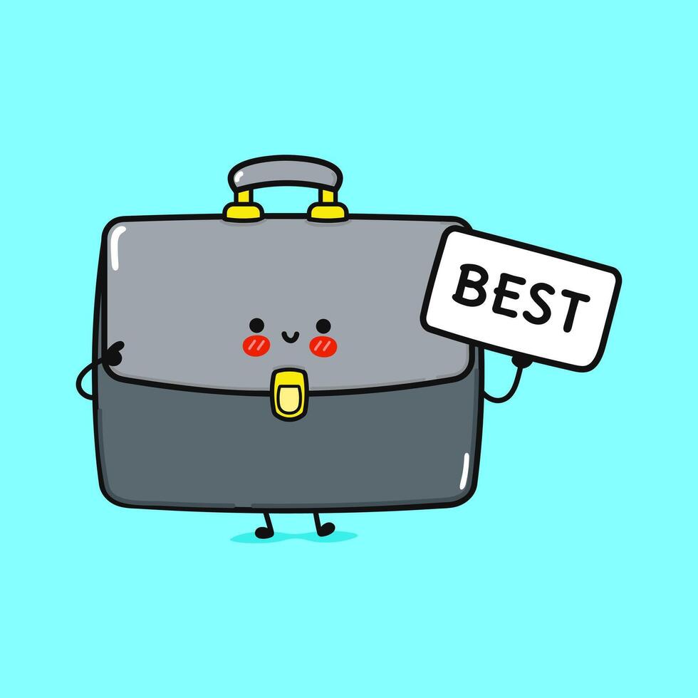 Smiling Briefcase Mascot. Happy Office Bag Character Holding Sign vector