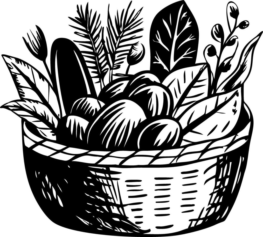 Harvest basket filled with food, vintage style illustration vector