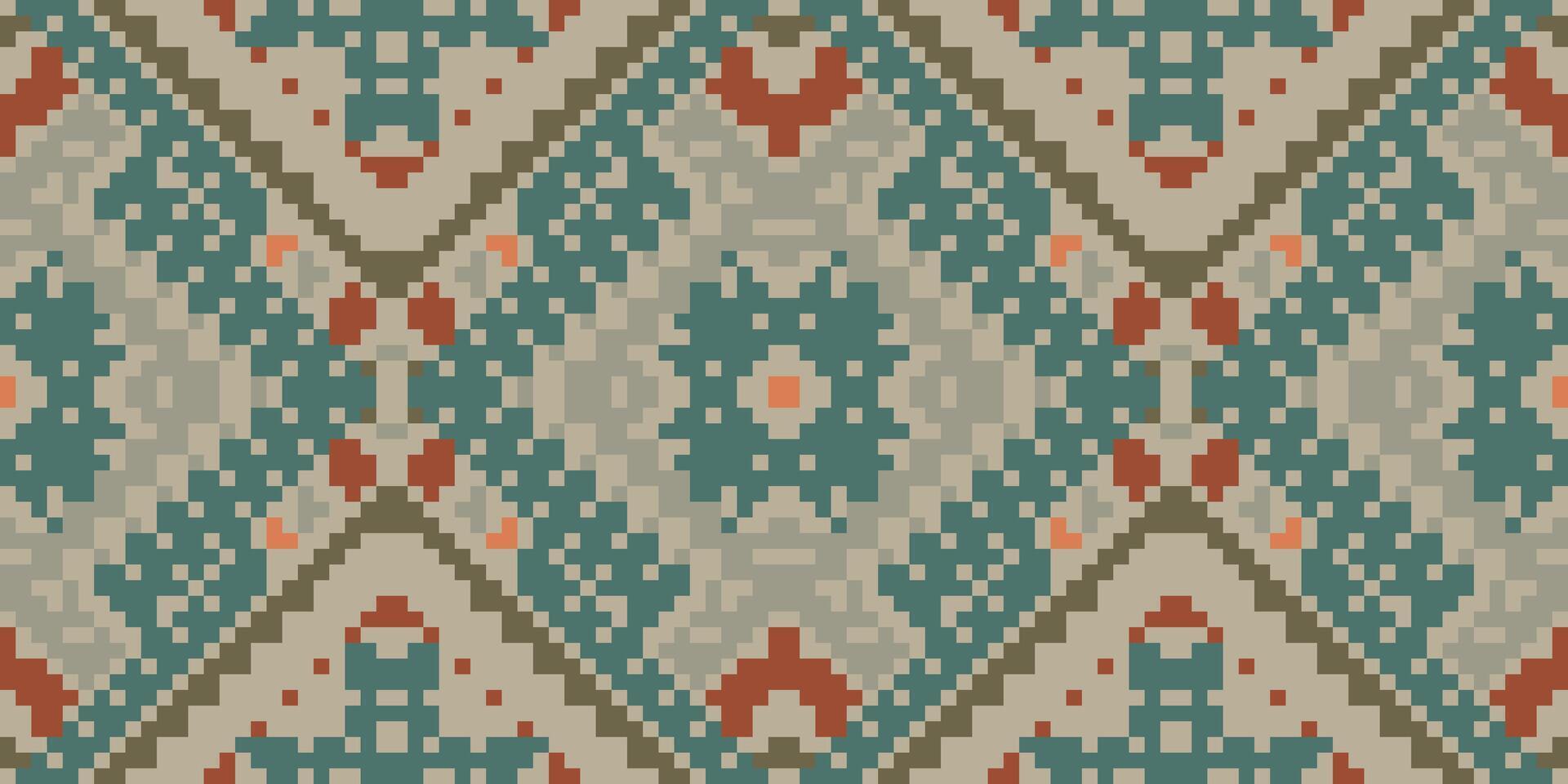 Pixel Art Abstract Islamic Flower Patternfolk Embroidery, Aztec Geometric Ornament Print. Design for Carpet, Wallpaper, Clothing, Wrapping, Fabric vector