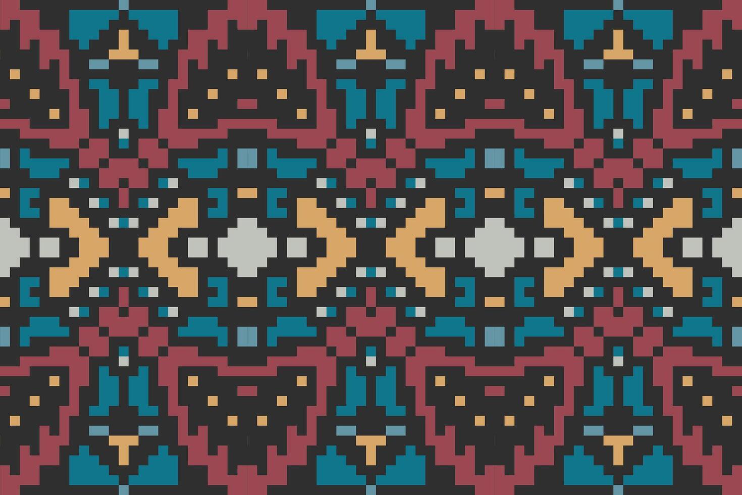 Pixel Art Abstract Ikat Pattern Curtainsfolk Embroidery, Aztec Geometric Ornament Print. Design for Carpet, Wallpaper, Clothing, Wrapping, Fabric vector
