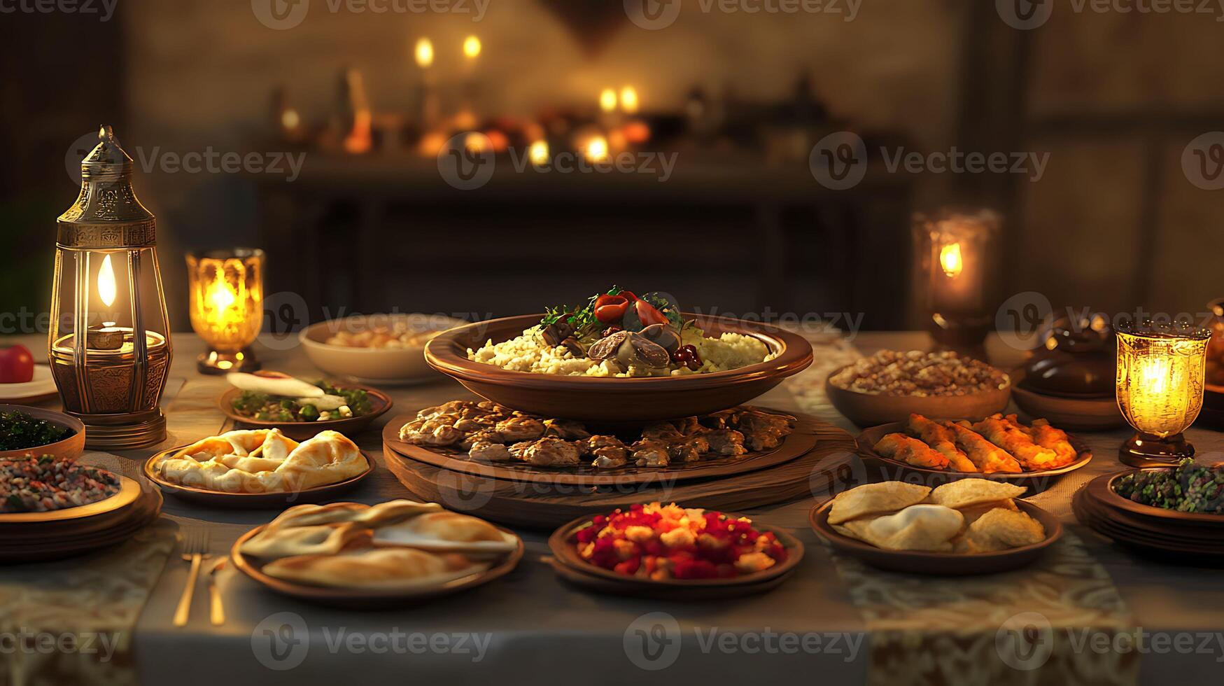 A table with many dishes of food and candles photo