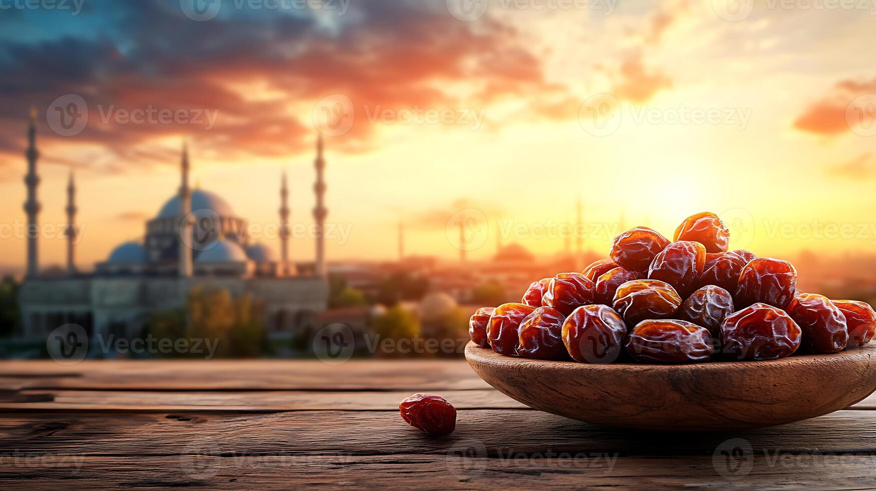 Dates in a bowl on a table with a mosque in the background photo
