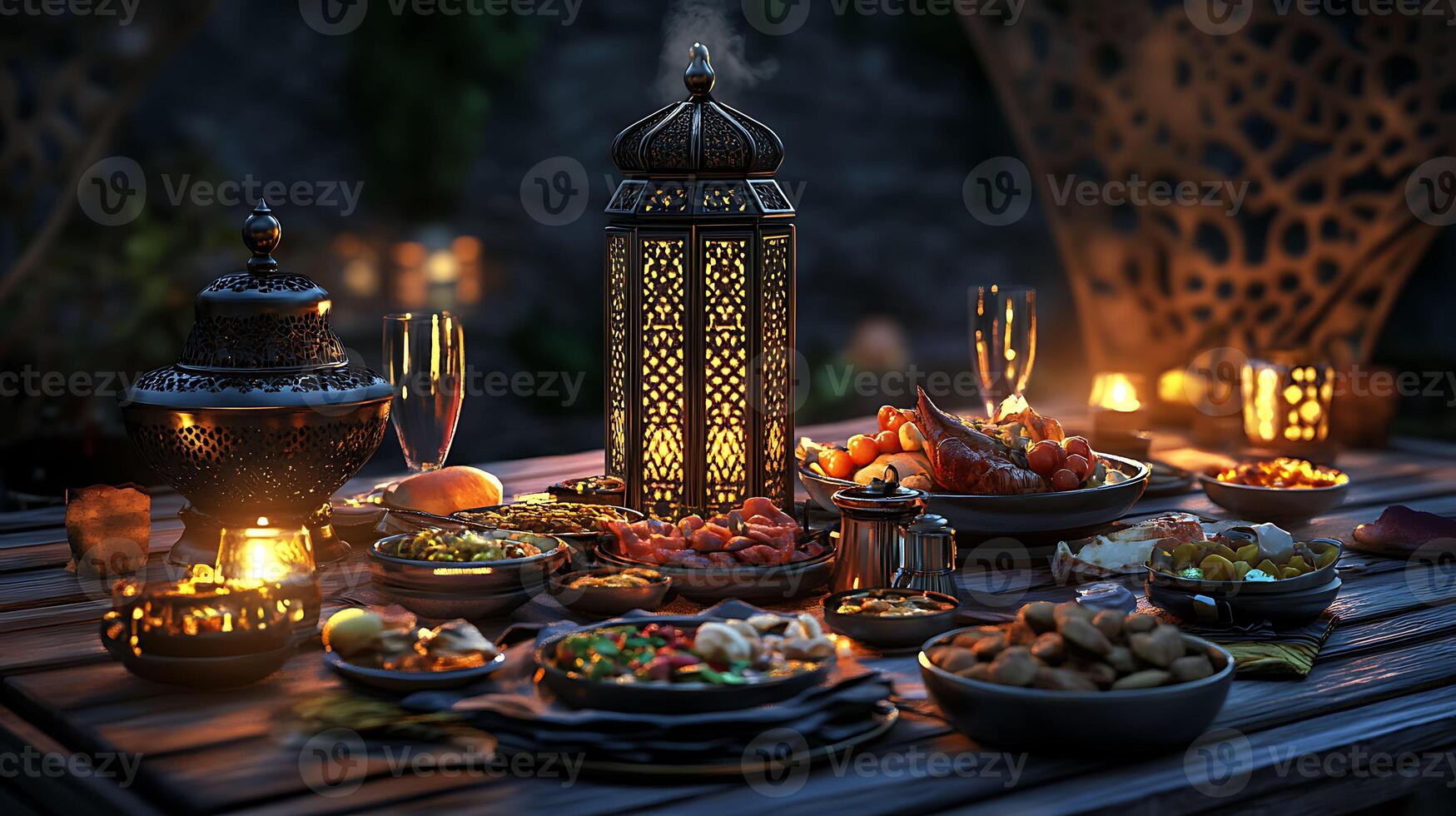 A table with food and candles on it photo