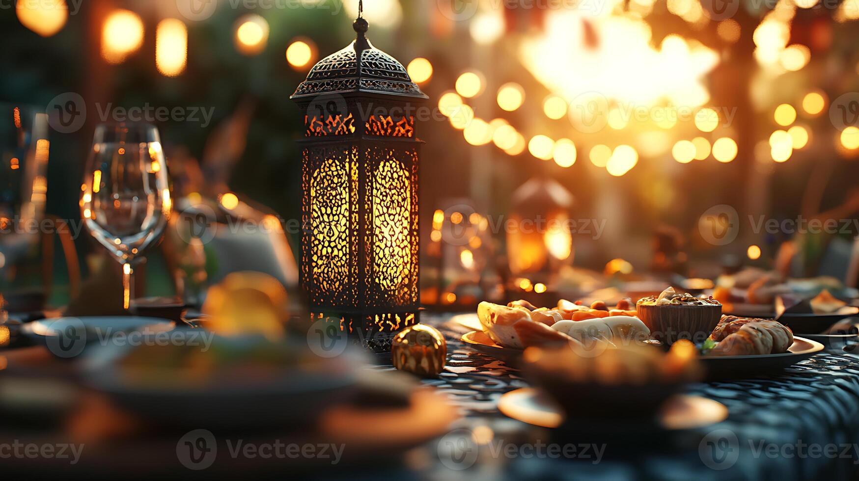 A table set for dinner with a lantern and candles photo