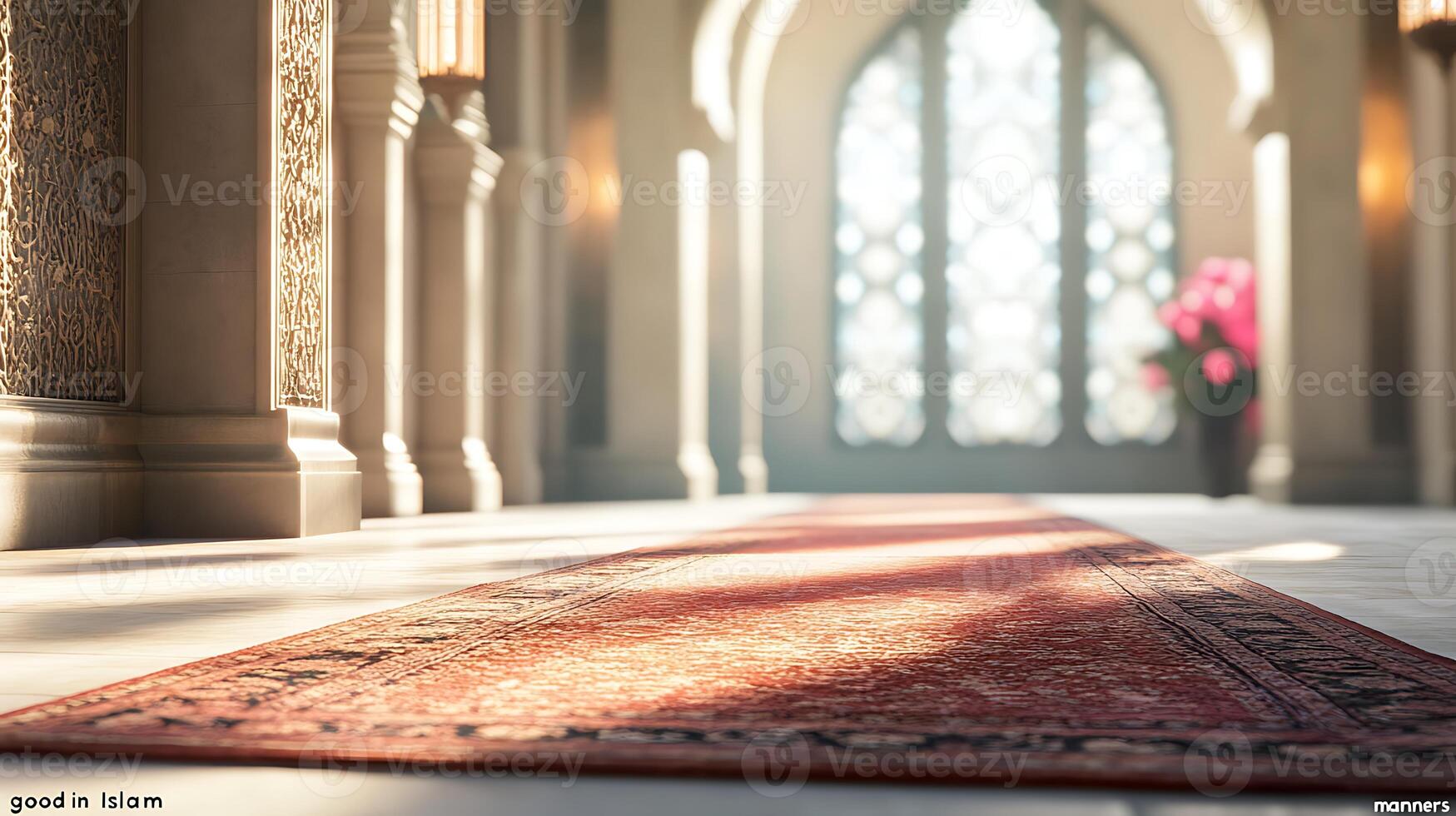 A long red carpet is in front of a large window photo