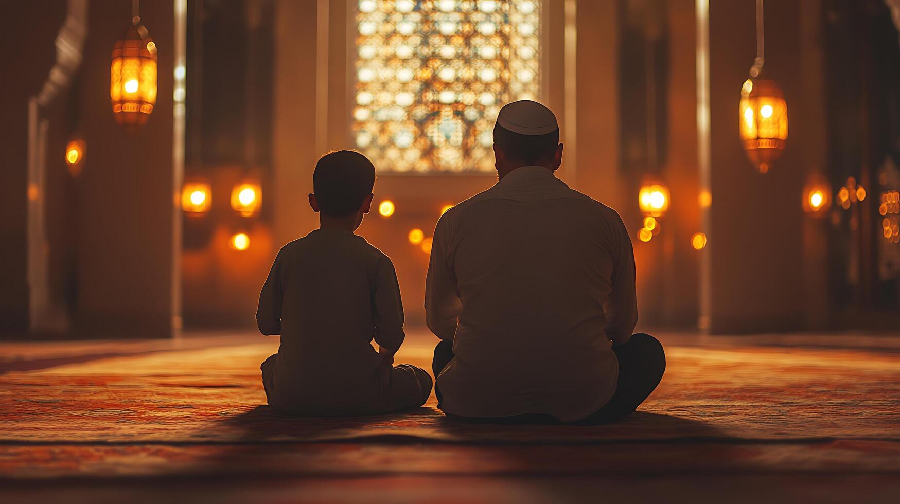 Two men sitting in a mosque with candles photo