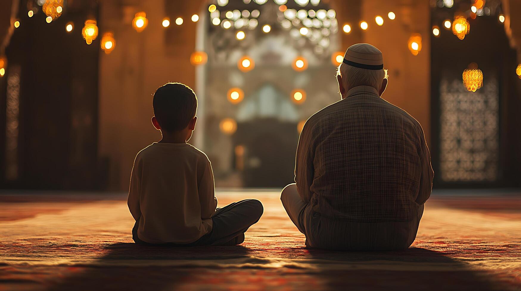 Two men sitting on the floor in front of a mosque photo