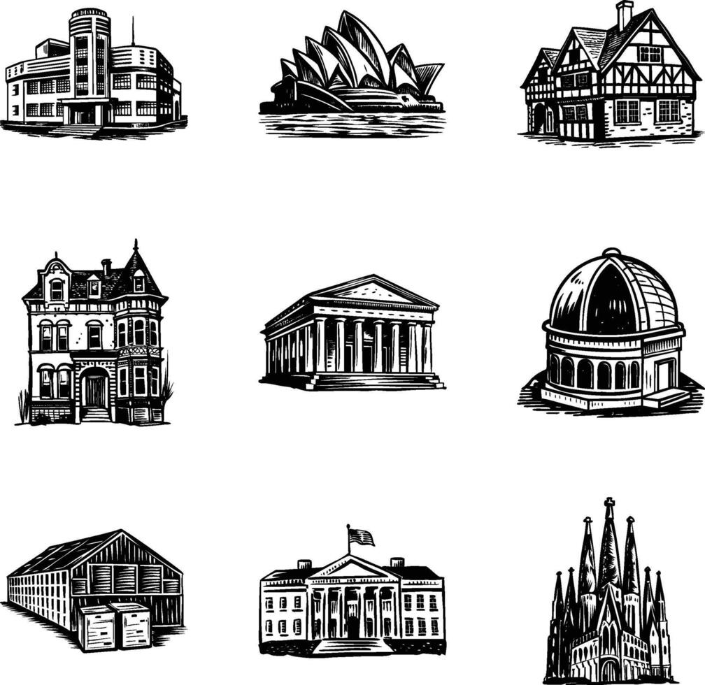 Pack of Buildings and Landmarks Vintage Illustrations vector