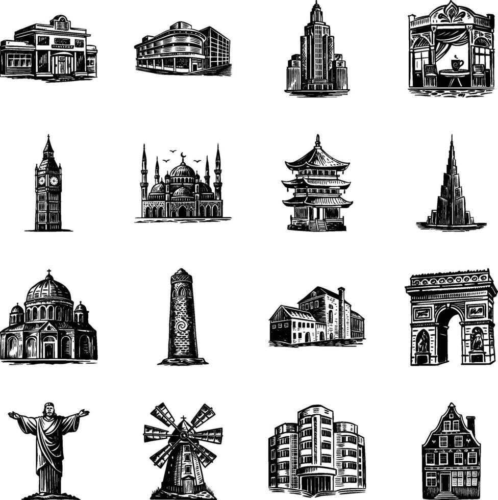 Collection of Vintage Style Building Illustrations vector