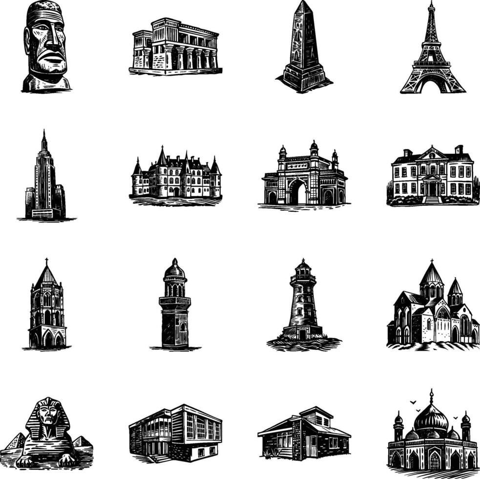 Bundle of Historic Buildings Vintage Illustrations vector