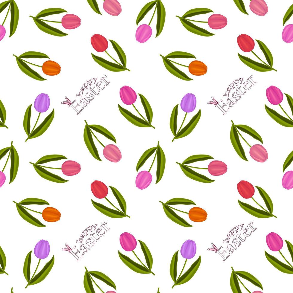 A seamless pattern of colorful tulips with Happy Easter text on a white background. Perfect for festive designs, greeting cards, and gift wrapping. vector