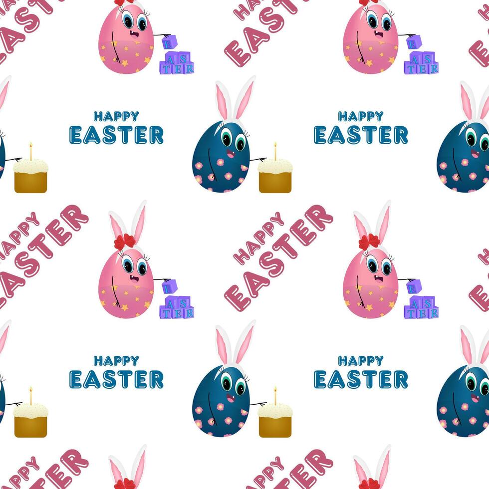 A seamless Easter pattern featuring bunny-shaped eggs, festive Easter cakes, and Happy Easter text. Perfect for holiday wrapping, greeting cards, and decor. vector