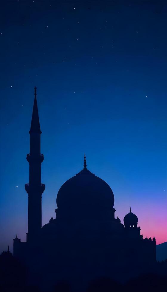 Silhouette of a mosque at night with stars in the sky photo