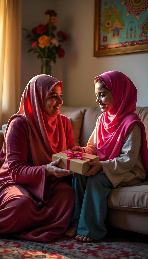Two women in pink hijabs sitting on a couch holding a gift photo