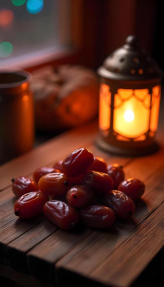 A table with a bunch of dates and a candle photo