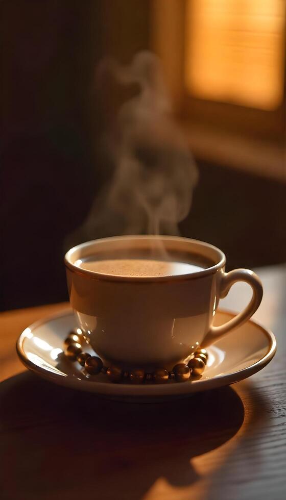 A cup of coffee on a saucer with steam coming out of it photo