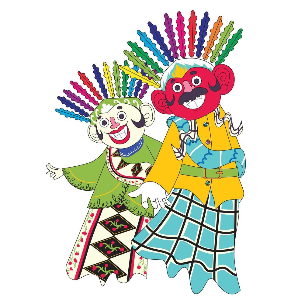 Cheerful Ondel Ondel pair with welcoming gestures, representing Jakarta cultural heritage and tradition vector