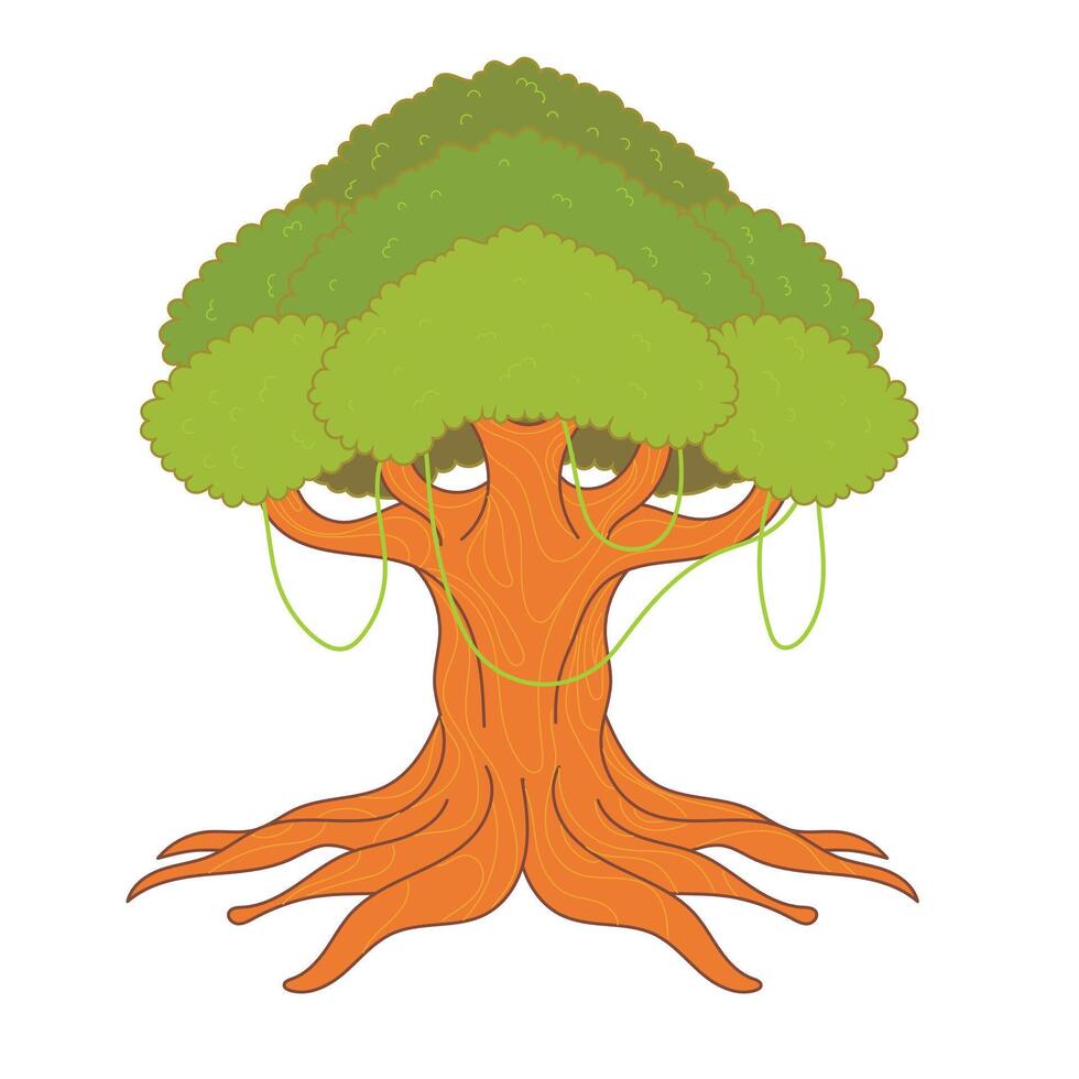 Lush big tree with sprawling roots and dense foliage, perfect for nature, environment, and landscape designs. vector
