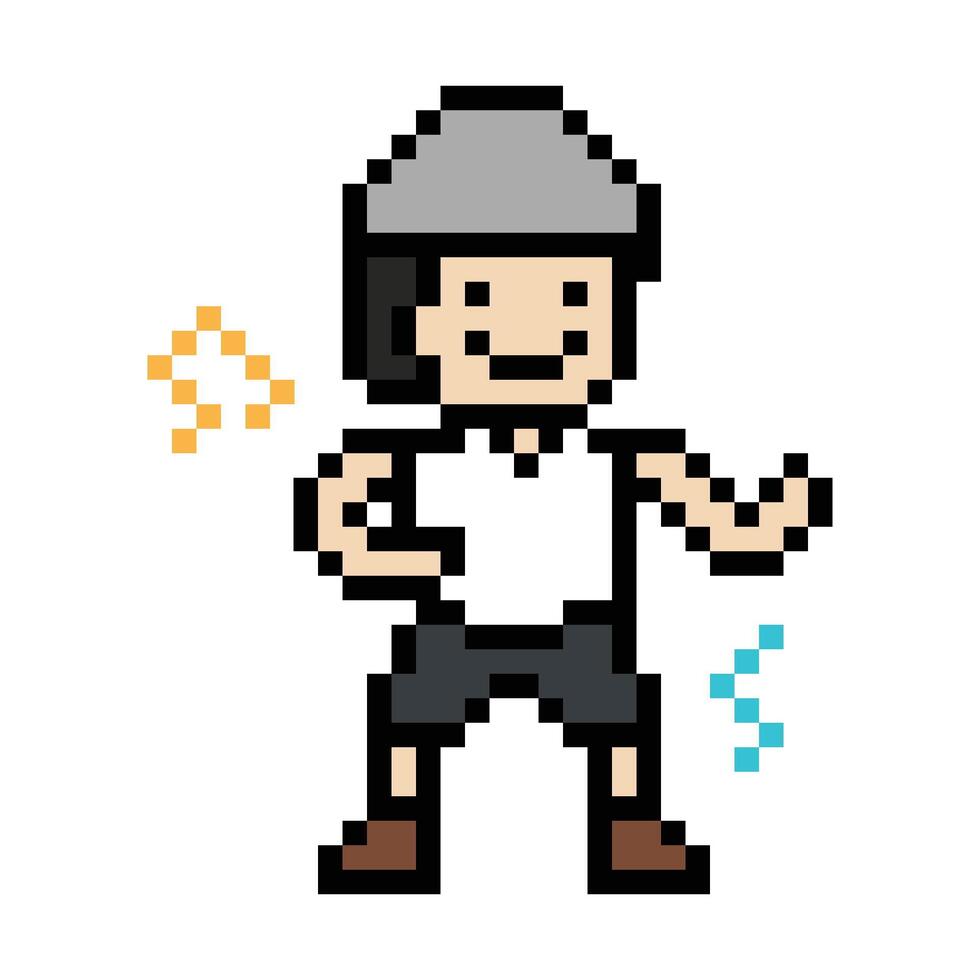 Decoration art of man male boy happy dance exercise with music fitness 8 bit pixel smile. vector