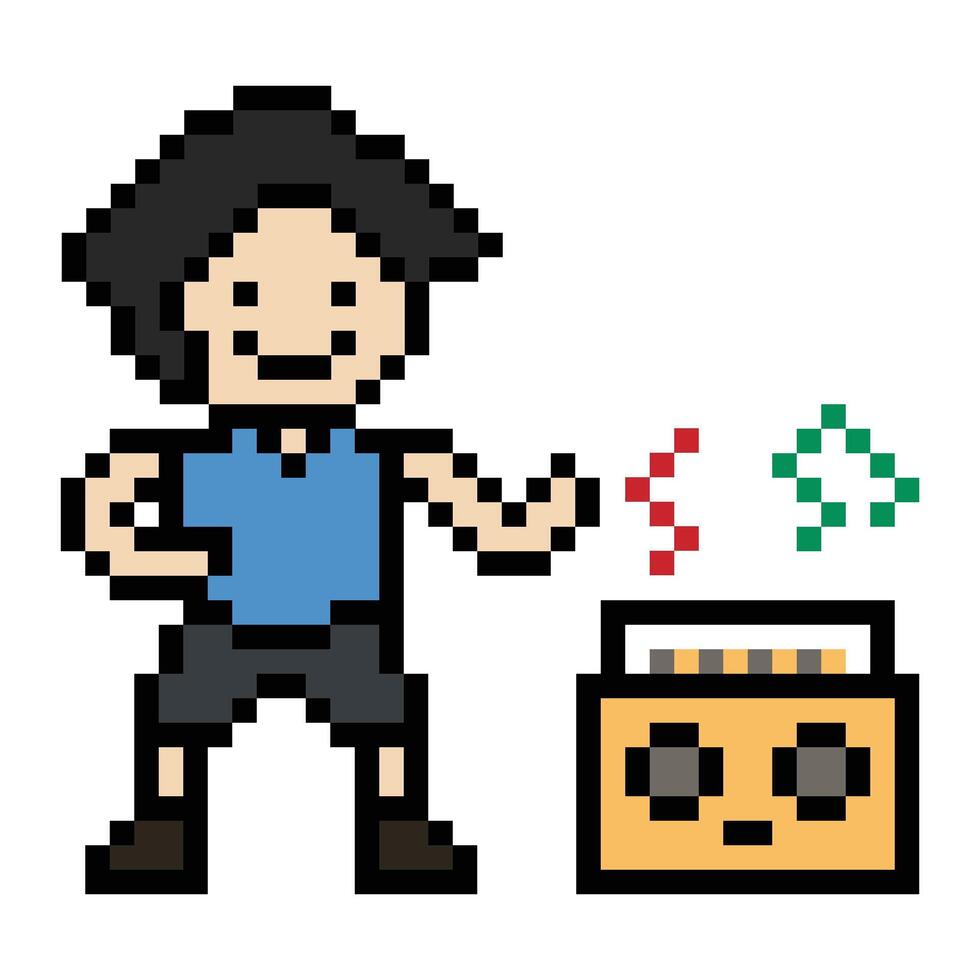 Pixel art of man male boy happy dance exercise with music fitness 8 bit. vector