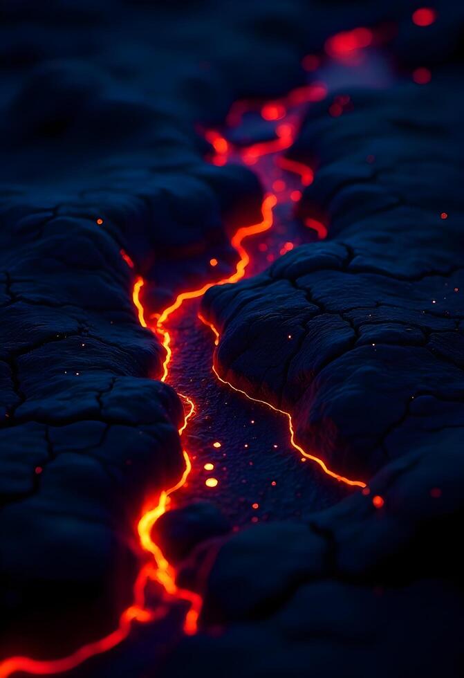 Lava flowing through the ground at night photo
