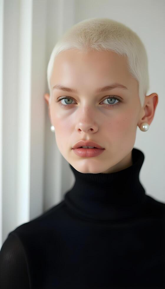 A woman with a white hair and a turtle neck photo
