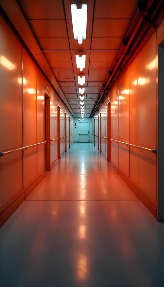 A long hallway with orange lights and a light at the end photo