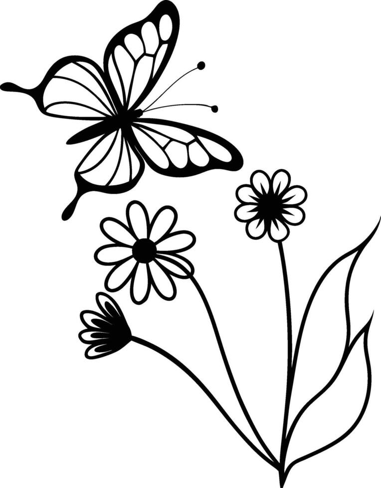 Delicate Butterfly Silhouette Above Wildflowers Illustration vector