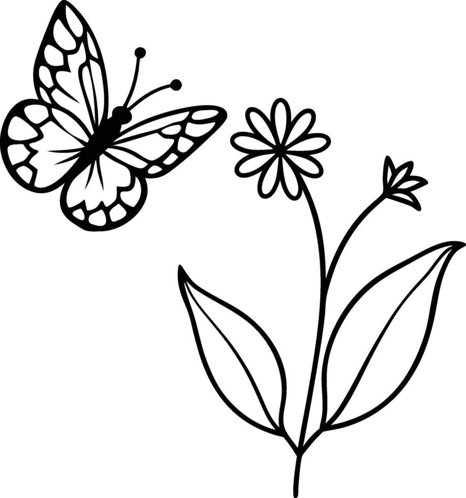 Butterfly Hovering Over Wildflower Silhouette Illustration vector