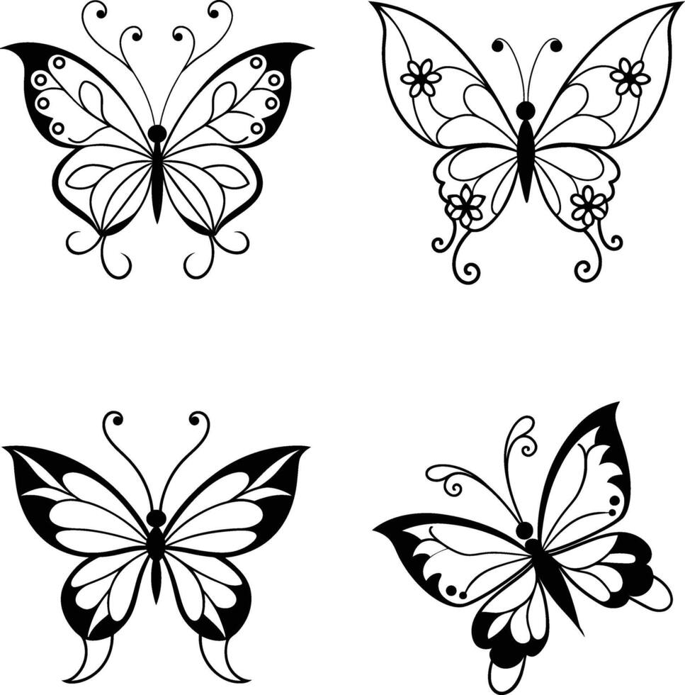 silhouette set of Butterfly with floral elements vector
