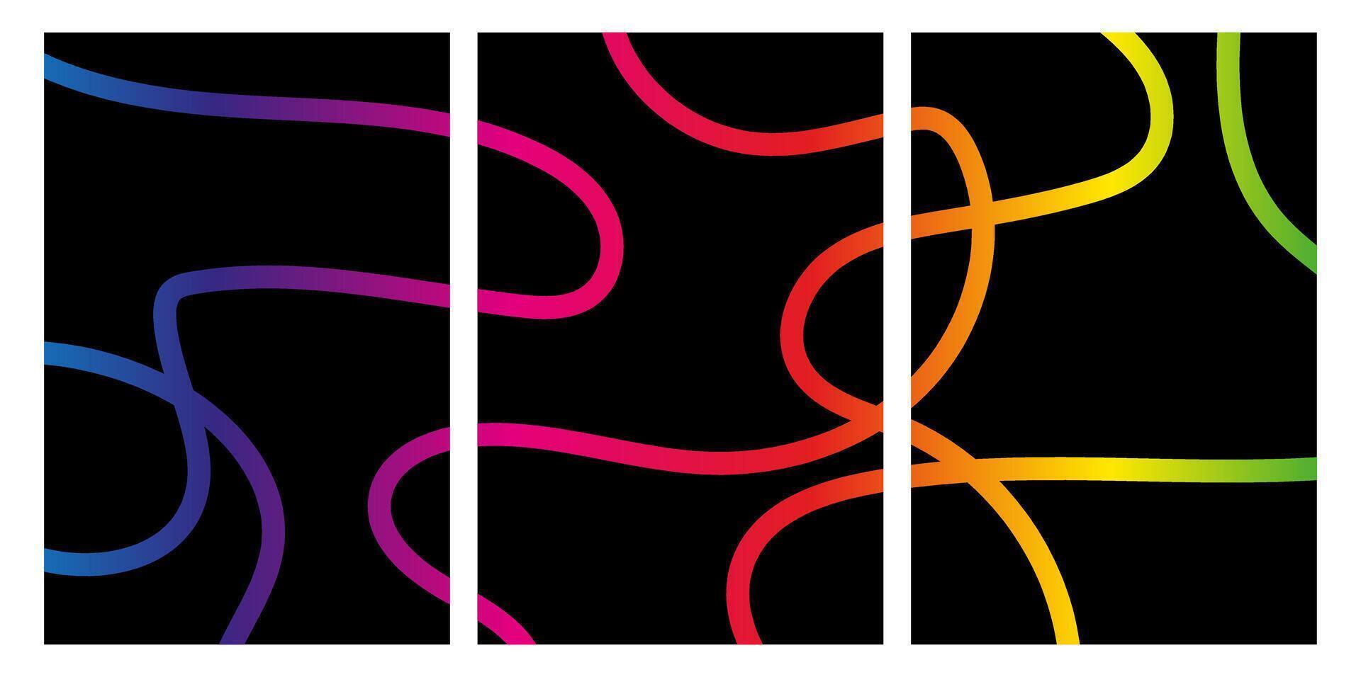 Abstract triptych artwork with colorful gradient curved lines on black background. Modern digital art design with copy space vector