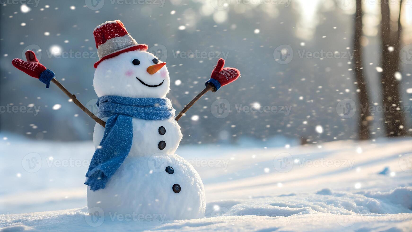 Cheerful snowman in a snowy winter landscape with falling snow and trees in the background. photo
