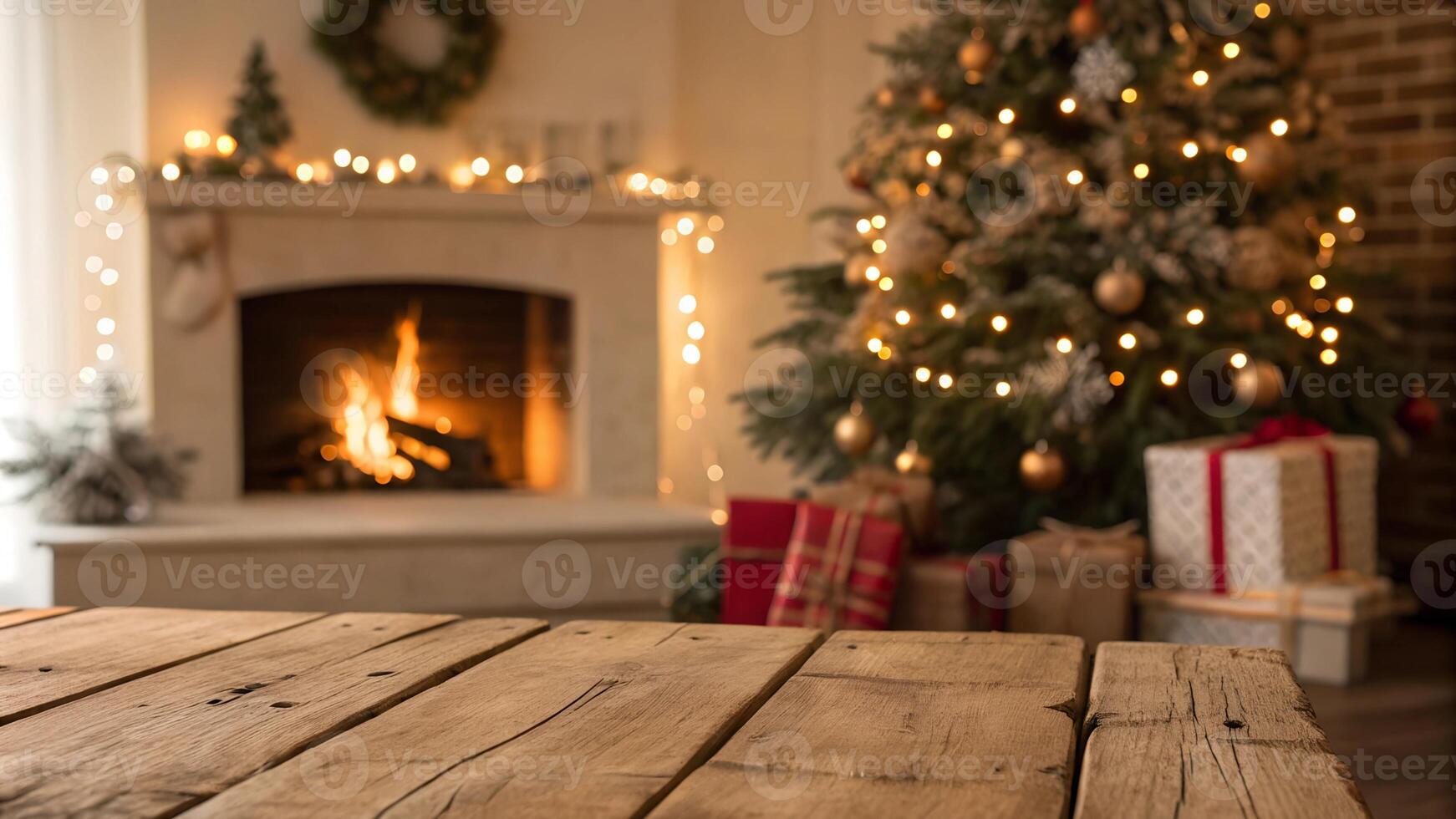 Cozy winter living room with a fireplace, decorated for Christmas with warm tones and holiday charm. photo