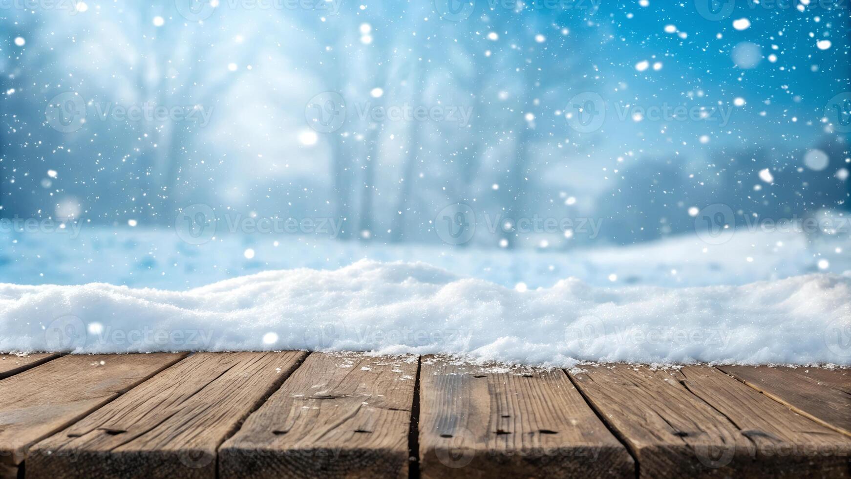 Snowfall background with wooden planks and a peaceful snowy forest scene photo