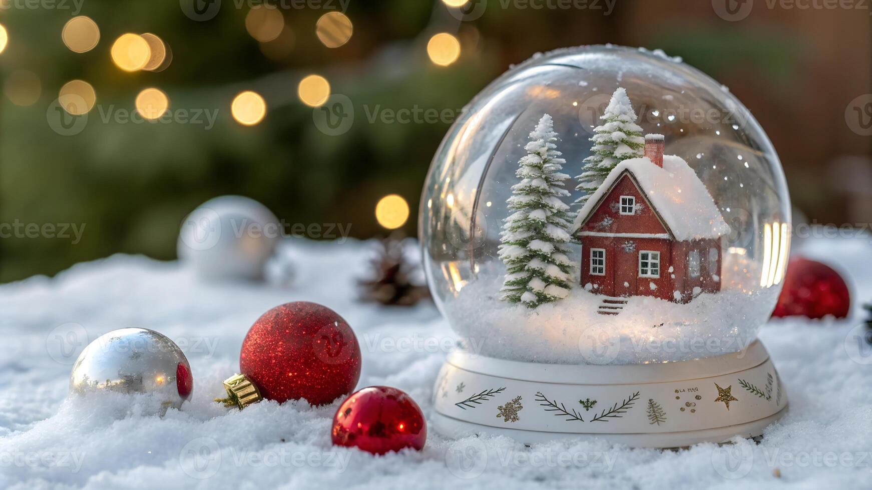 Winter snow globe with a miniature red house, snow-covered trees, and festive ornaments on snowy ground. photo