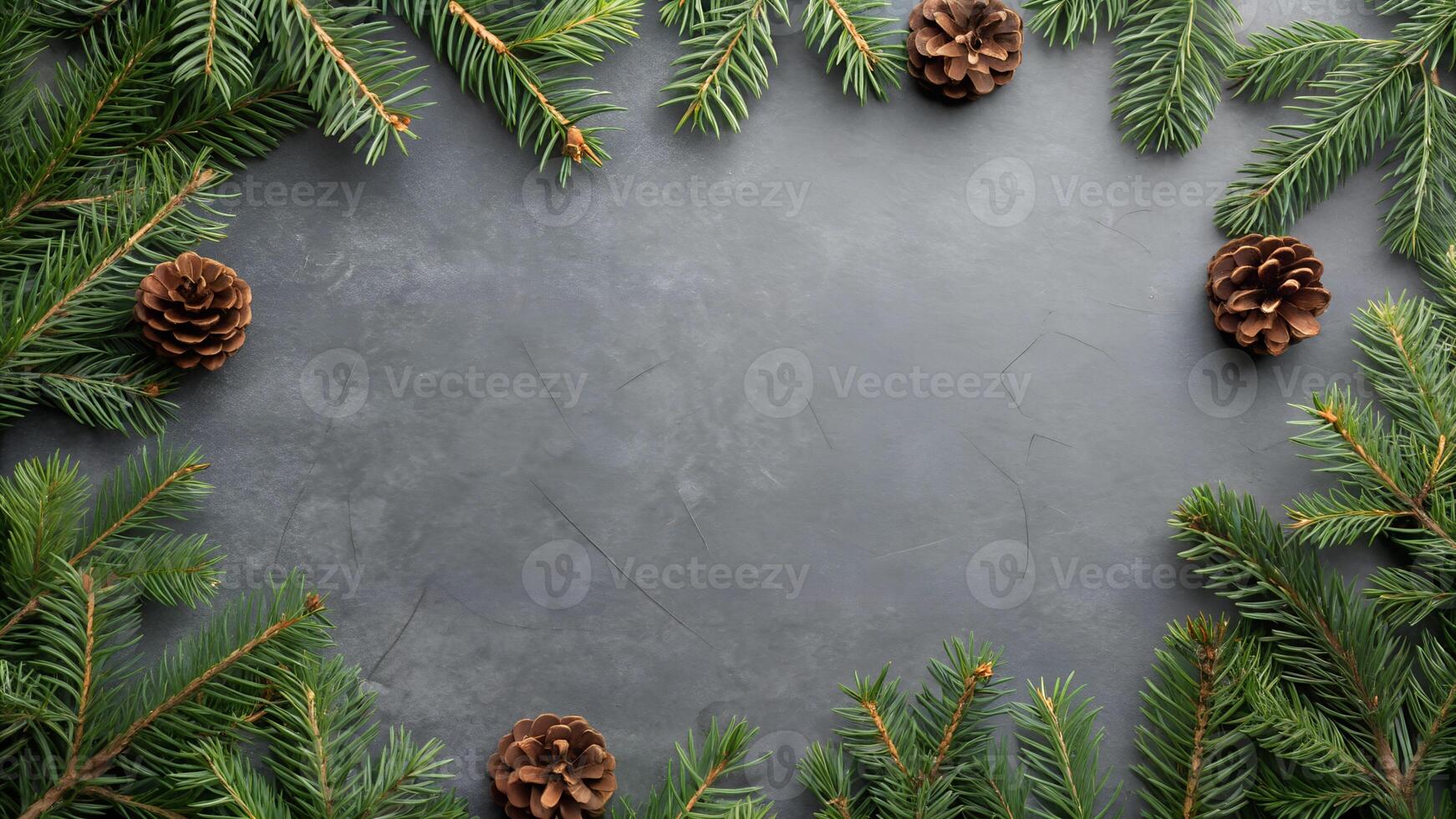 Frosted Gray Holiday Background with Pine Branches and Pinecones photo