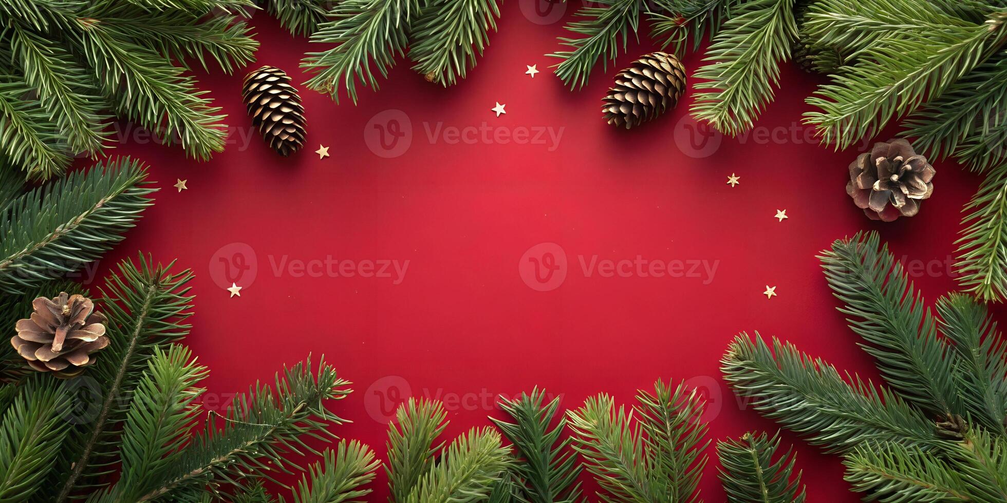 Red Holiday Background with Pine Branches and Pinecones photo