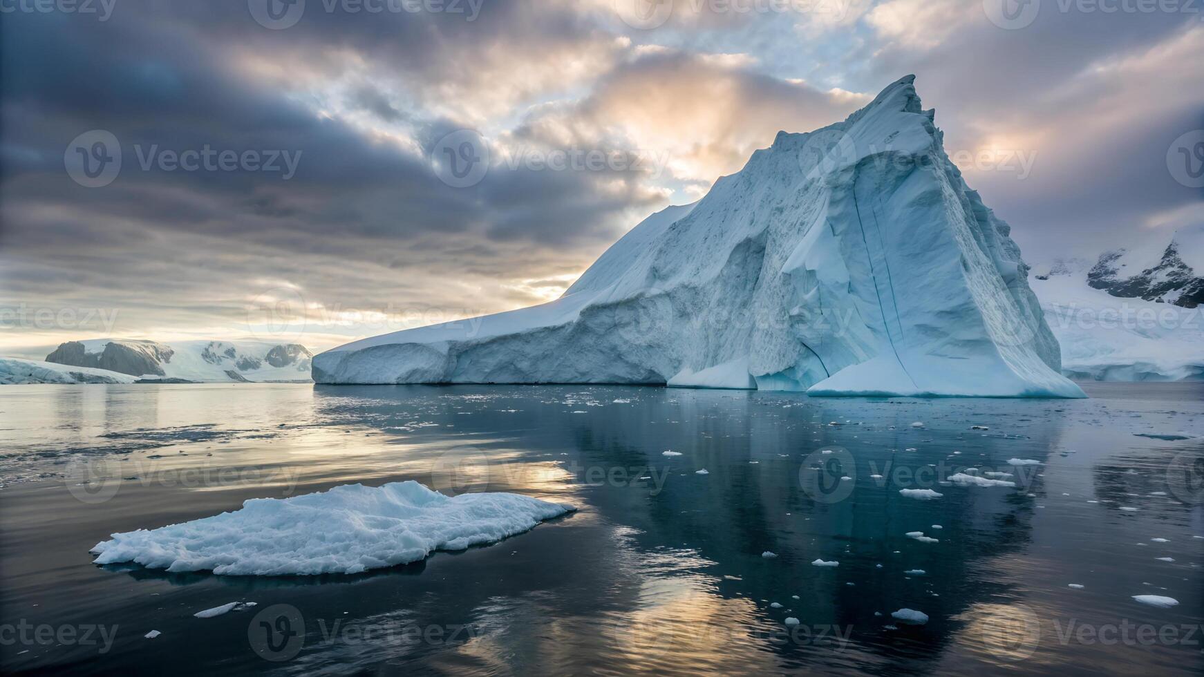 Majestic glacial icebergs in arctic waters under dramatic cloudy skies photo