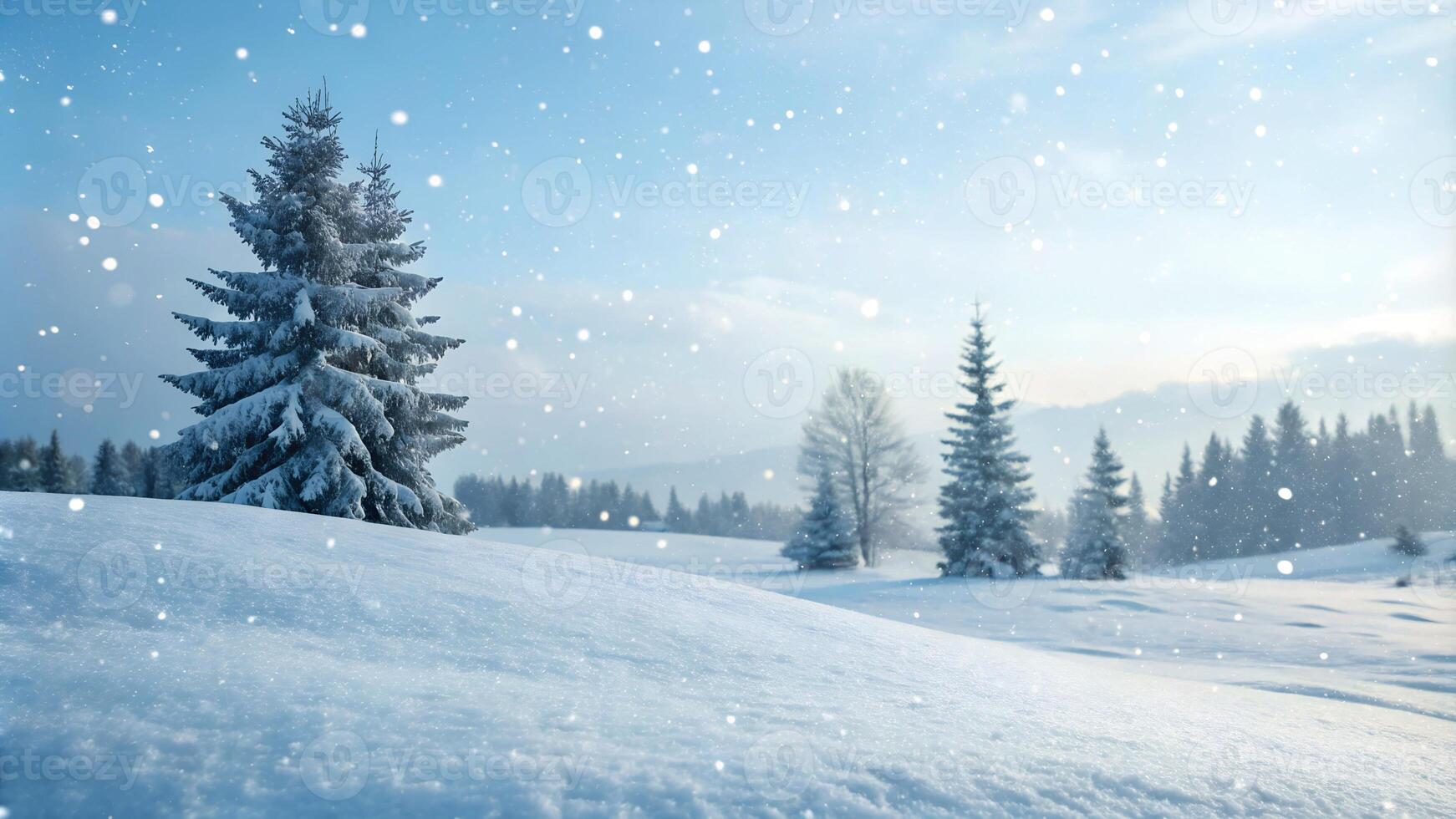 Snowy winter landscape with evergreen trees, soft snowfall and serene countryside photo