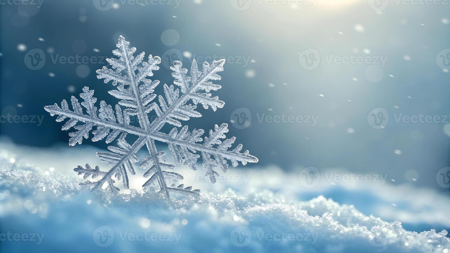 Stunning crystal-like snowflakes in close-up on a vibrant blue winter-themed background. photo