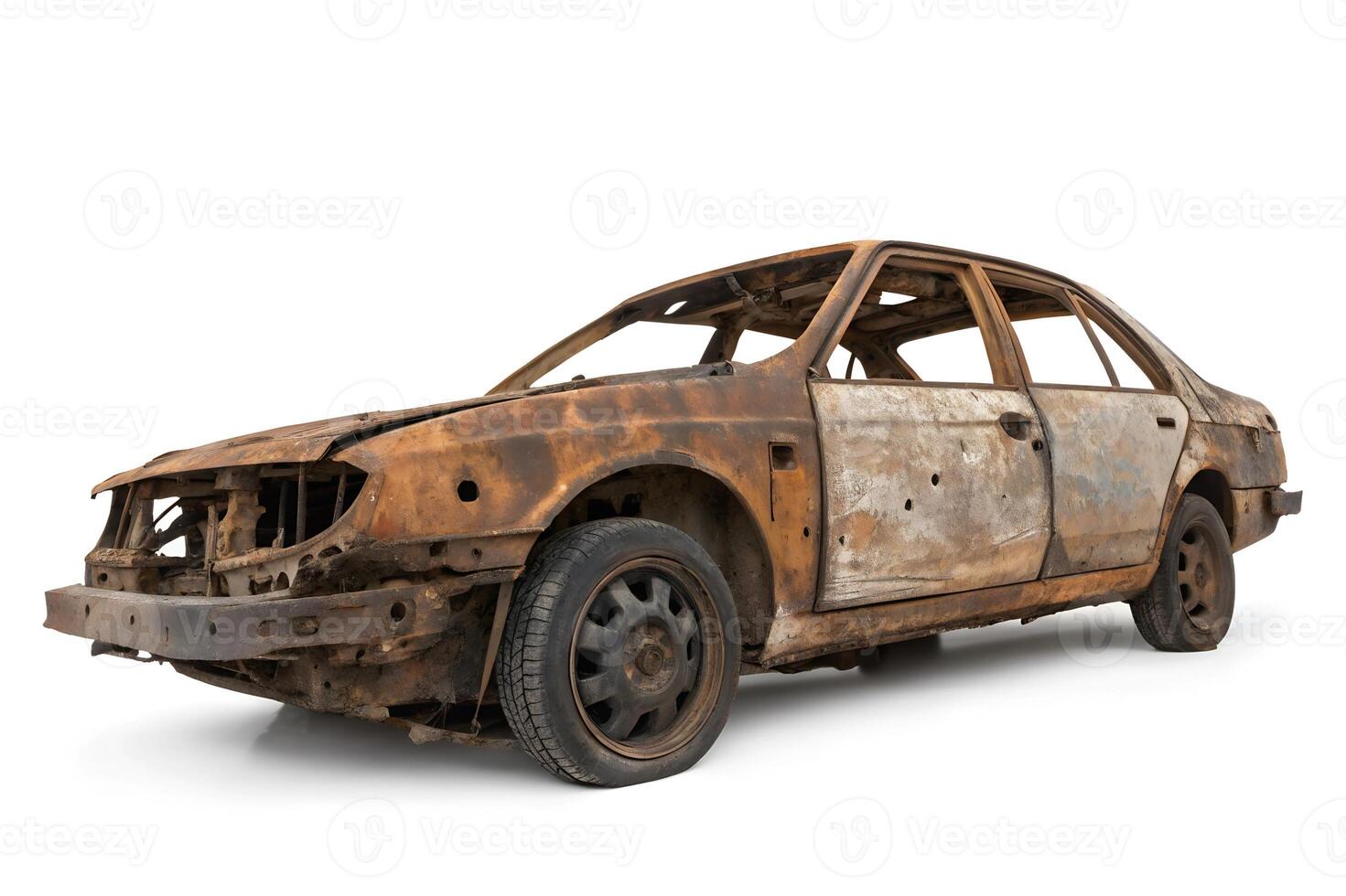 Rusted and Damaged Abandoned Car Isolated on White background photo