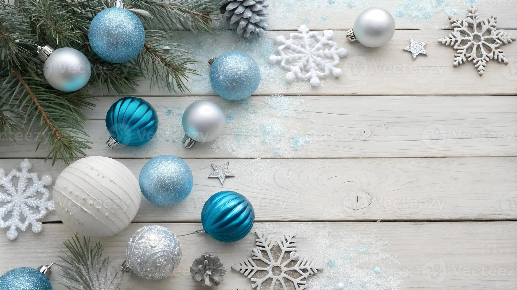 Festive Winter Scene with Ornaments and Snowflakes on Wooden Background photo