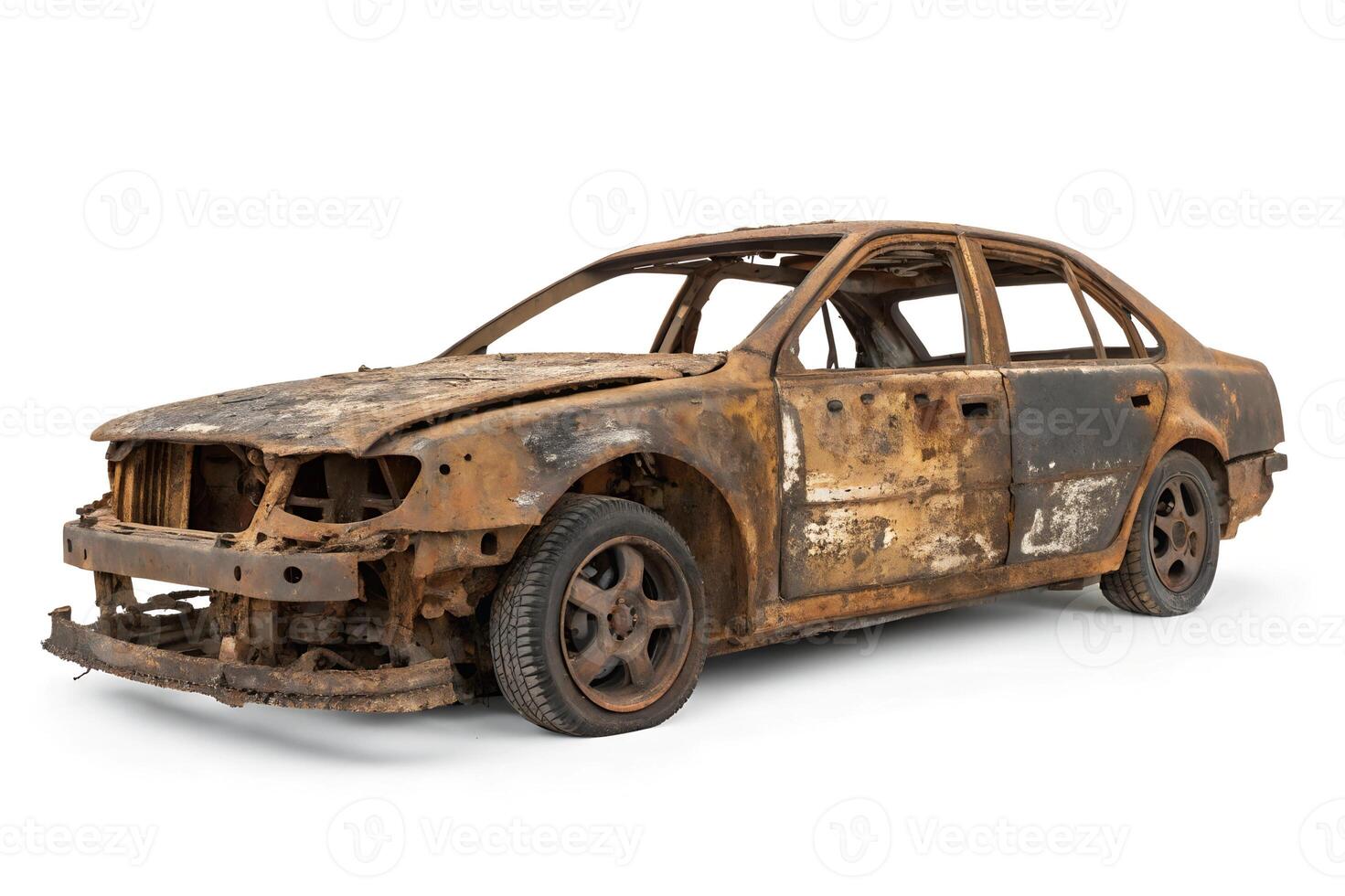 Rusted Abandoned Car with Weathered Decay on White photo