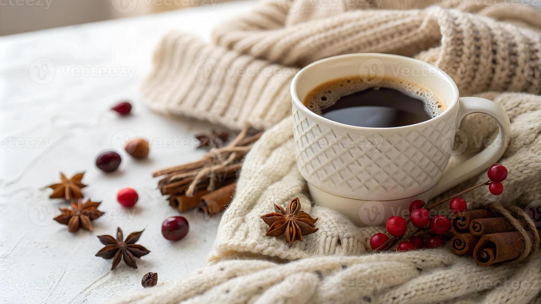 Warm and cozy winter setting with a cup of coffee with cinnamon sticks, and festive red berries on a soft blanket. photo