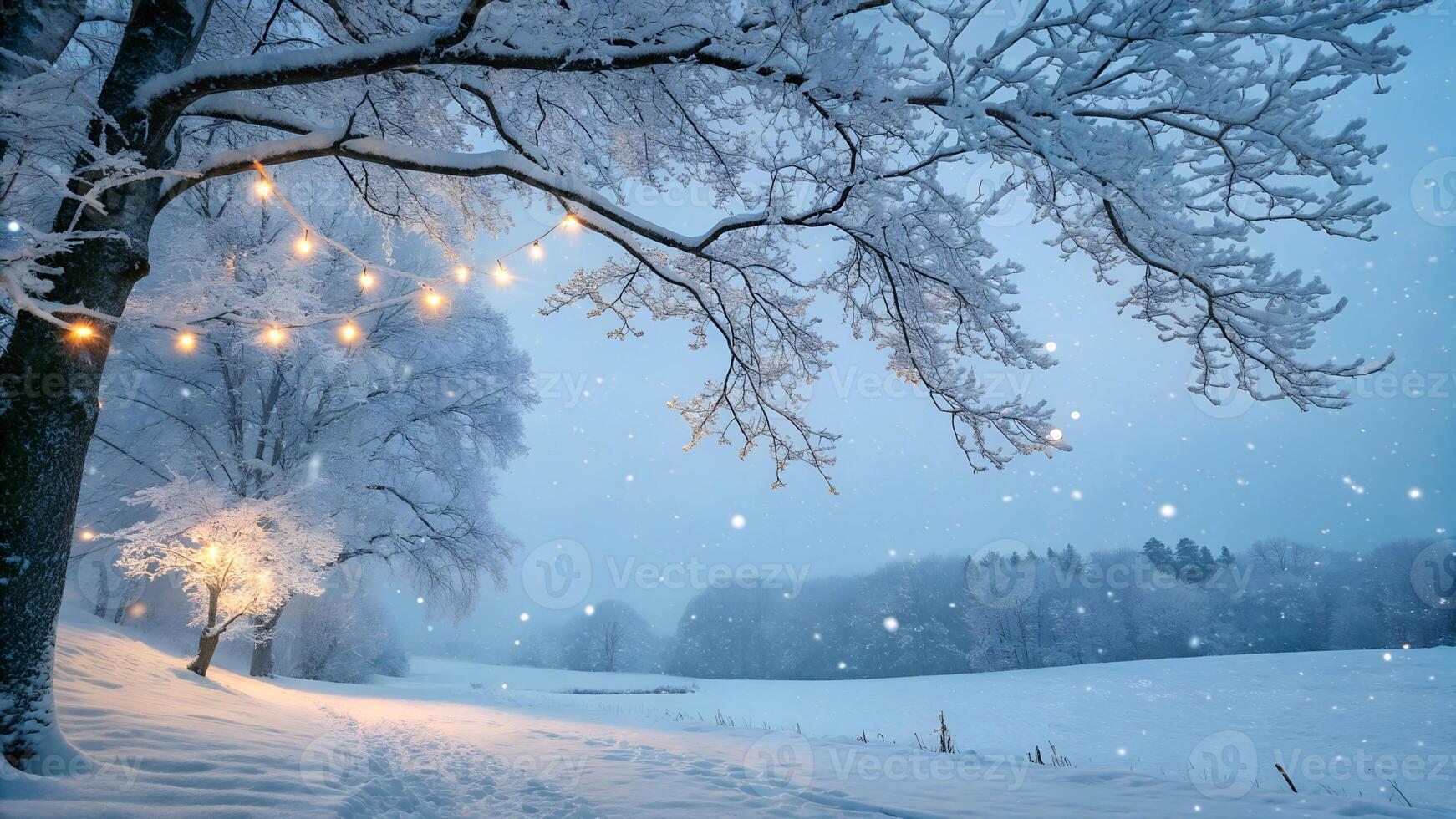 Snowy winter evening landscape with glowing string lights and frosted trees photo