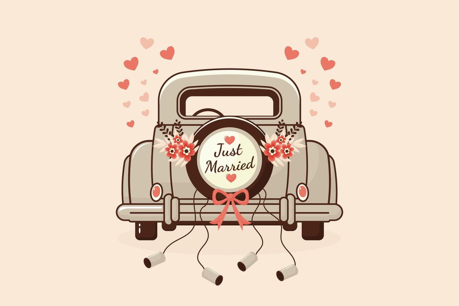 Just Married car back view flat illustration. vector