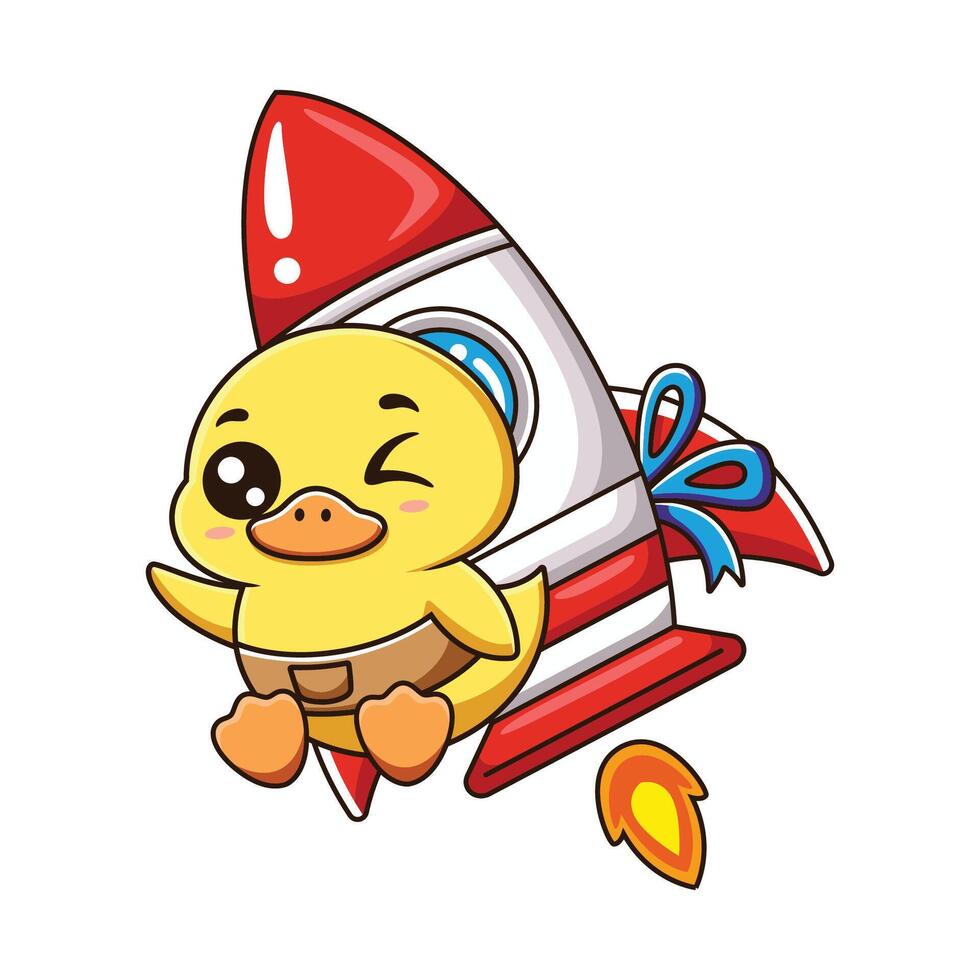 Cute duck flying with rocket. Cartoon illustration isolated on white background vector